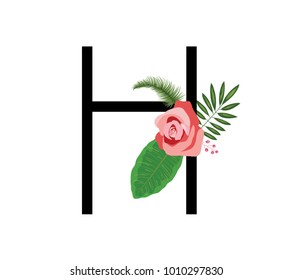 Composition with letter H and beautiful flowers on white background