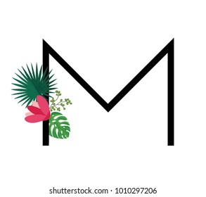 Composition with letter M and beautiful flowers on white background