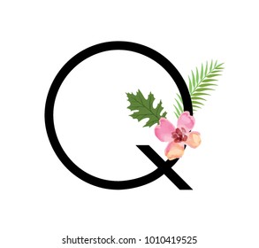 Composition with letter Q and beautiful flowers on white background