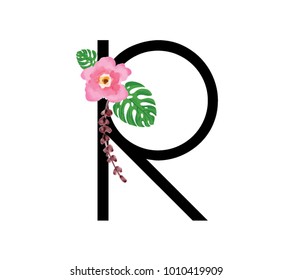Composition with letter R and beautiful flowers on white background