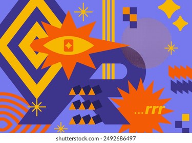 Composition with the letter R. Set of abstract shapes. Abstract poster for print and web use. Illustration with elements in geometric style.