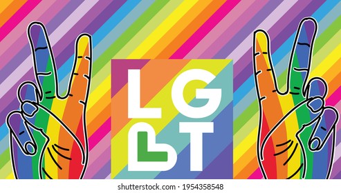 Composition of lgbt text and rainbow hands showing victory sign on rainbow background. lgbtq, equality and human rights concept digitally generated image.