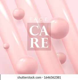 Composition with light 3d pink pearl moleculas with cream lines with text face care