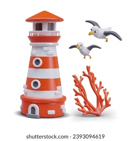 Composition with lighthouse, corals, and seagulls flying near. Underwater sea plants, birds, and tower in red and white colors. Vector illustration in 3d style