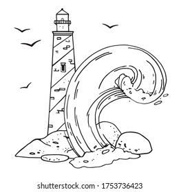 Composition with lighthouse, wave and stones. Hand drawn outline vector sketch illustration. Black on white background