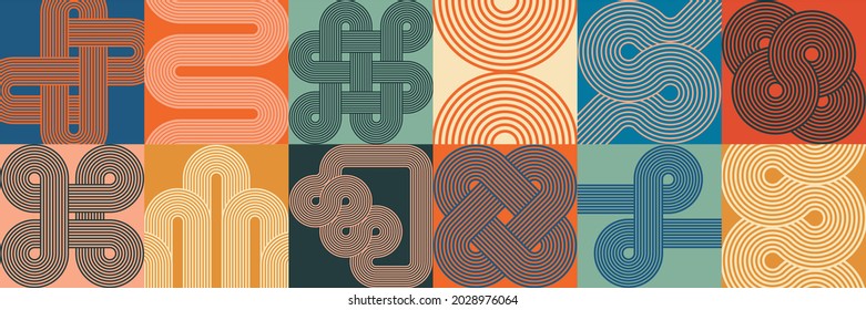 Composition with line art geometric forms and colorful blocks. Optic illusion. Endless knot, arc, waves, circles. Modern abstract composition for wall design, poster, cover.