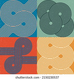 Composition with line art geometric forms and colorful blocks. Optic illusion. Endless knot, arc, waves, circles. Modern abstract composition for wall design, poster, cover.
