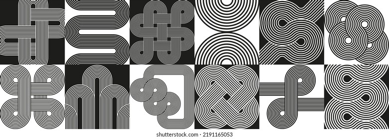 Composition with line art geometric forms and black, white blocks. Optic illusion. Endless knot, arc, waves, circles. Modern abstract composition for wall design, poster, cover.