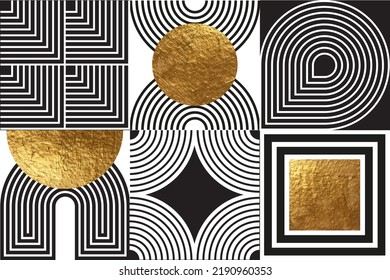 Composition with line art golden geometric forms and colorful blocks. Optic illusion. Endless knot, arc, waves, circles. Modern abstract composition for wall design, poster, cover.