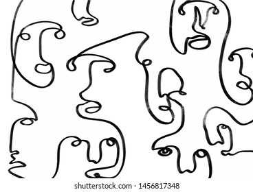 Composition with linear face human in abstract cubism style. Black and white graphic illustration. 