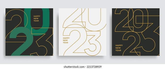 Composition of linear golden color numbers for New Year 2023 posters. Christmas card with holiday typography. Vector