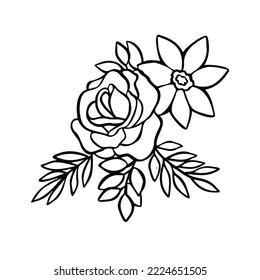 Composition of linear roses and orchid, flowers, vector monochrome illustration