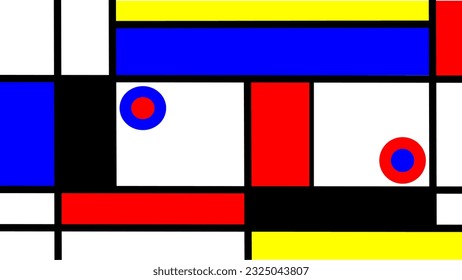 Composition of lines and circles in yellow, blue and red colors on white background