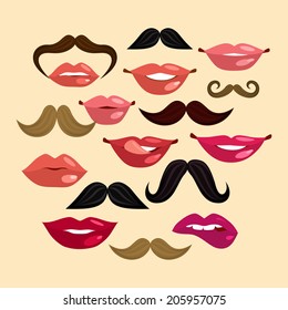 Composition with lips mustache smile female in hipster vintage style vector illustration