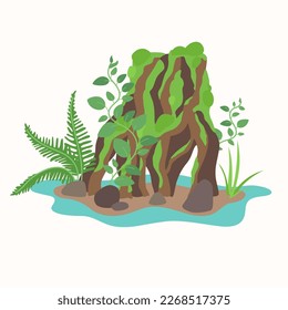 Composition of living plants. An illustration with several plants and additional elements. Vector image.