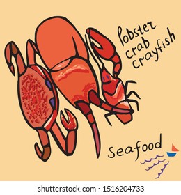 Composition with lobster, crab, crayfish. For the menu of restaurants, eateries, postcards