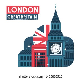 Composition of london landmarks, red box, flag, buildings, hand made font.