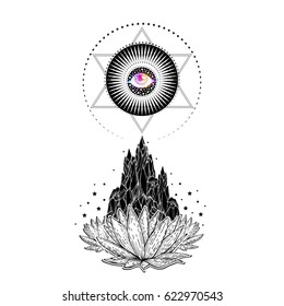 
A composition of lotuses against the background of a rock and a towering star with an eye. Sacred symbol. The unique design of tattoo. Printing for T-shirts, covers. Poster. Art. Vector illustration.