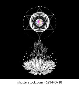 A composition of lotuses against the background of a rock and a towering star with an eye. Sacred symbol. The unique design of tattoo. Printing for T-shirts, covers. Poster. Art. Vector illustration.