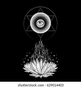 A composition of lotuses against the background of a rock and a towering star with an eye. Sacred symbol. The unique design of tattoo. Printing for T-shirts, covers. Poster. Art. Vector illustration.
