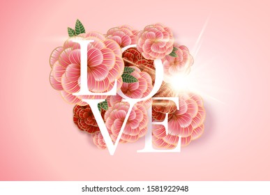 Composition with LOVE inscription and abstract florals elements. Colorful illustration for your banner, poster, flyer, brochure. 