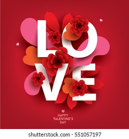 Composition with LOVE inscription and abstract florals elements. Colorful illustration for your banner, poster, flyer, brochure.