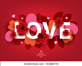 Composition with LOVE inscription and abstract florals elements. Colorful vector illustration for your banner, poster, flyer, brochure