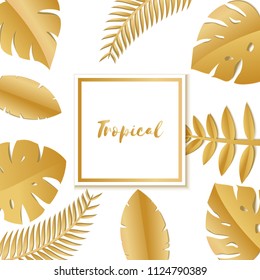 Composition with luxury golden jungle leaves on white background in paper cut style. Tropical leaf white square frame, template for design poster, banner, flyer weddingcard, Vector illustration.