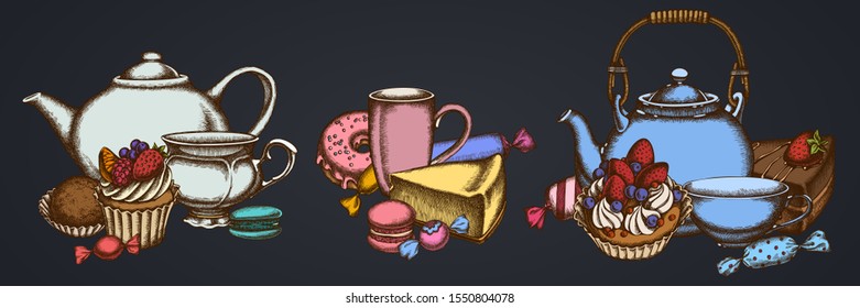 Composition of macaron, candies, cheesecake, cupcake, teapots, cups, cake, donut, truffle and cake