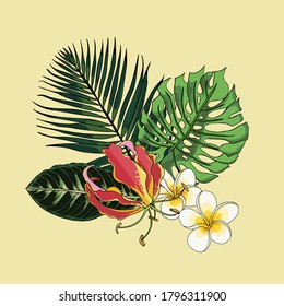 Composition made of vector tropical leaves and flowers. Vector exotic illustrations, floral elements isolated, Hawaiian bouquet for greeting card, wedding, wallpaper