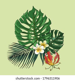 Composition made of vector tropical leaves and flowers. Vector exotic illustrations, floral elements isolated, Hawaiian bouquet for greeting card, wedding, wallpaper