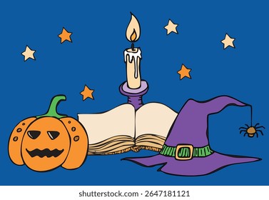 A composition of a magic book, a smiling pumpkin and a candle in a candlestick