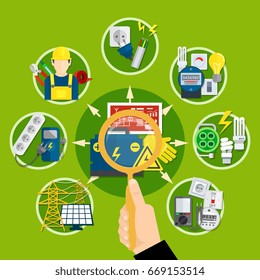 Composition with magnifier in hand, electrical appliances and technologies including solar battery on green background vector illustration  