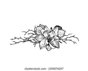 Composition with magnolia flowers and spring branches with buds