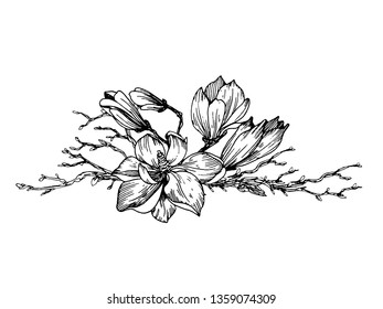 Composition with magnolia flowers and spring branches with buds