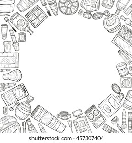Composition with make-up products and perfumes. Vector hand drawn make-up collection.