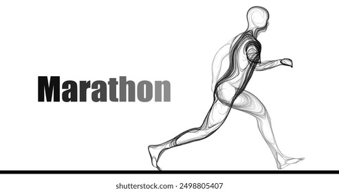 Composition of a man running a marathon sideways from wavy lines along a black contour on a white background. Vector illustration.