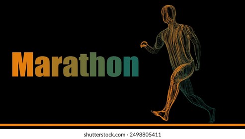 Composition of a man running a marathon sideways from wavy neon lines along the contour of different colors on a black background. Vector illustration.