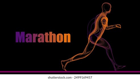 Composition of a man running a marathon sideways from wavy neon lines along the contour of different colors on a black background. Vector illustration.