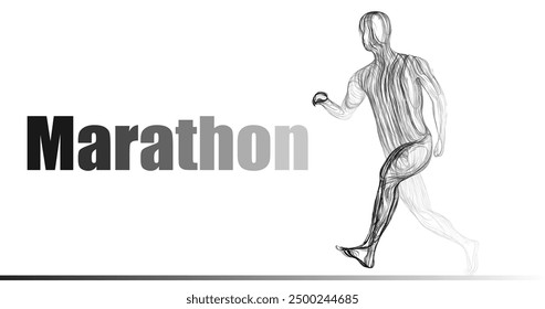 Composition of a man running a marathon sideways from wavy lines along a black contour on a white background. Vector illustration.