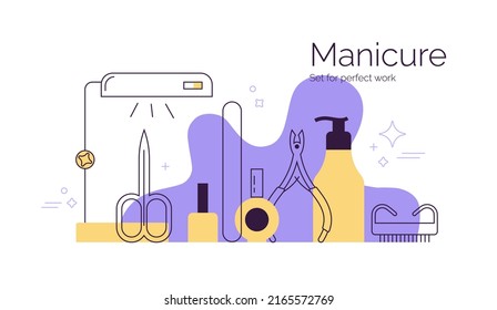 Composición de elementos de manicura y belleza con fondo abstracto. Tijeras, esmalte de uñas, crema, accesorios, lámpara.Ilustración de color lino y amarillo con contornos negros.Genial para el sitio web y más