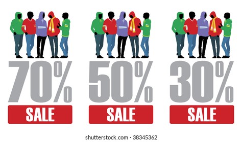Composition with man's figures in bright clothes. In the centre percent are located. Under them inscription SALE.