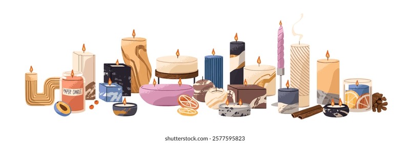 Composition of many scented candles with different shapes. Lots of aroma candlelights with burning fire. Trendy home decor. Cozy interior decoration. Flat isolated vector illustration on white