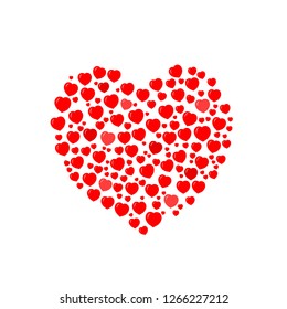 Composition: many small red hearts laid out in the shape of a big heart. For greeting card on March 8 or Valentine's Day, poster, t-shirt, package, product packaging, pillow case, home decor. Vector