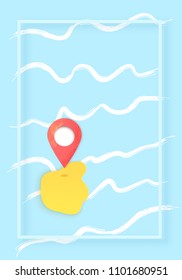 Composition with map pointer. Vertical banner with location mark and wave background.  Vector illustration. 