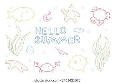 Composition of marine animals and algae. Vector starfish and shrimp, crabs and shells, fish. Creatures of the ocean floor, marine underwater plants, mollusks. Illustration in outline style