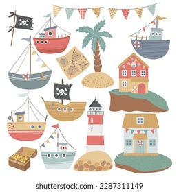 Composition with marine design elements, pirate attributes. Can be used for printing stickers, posters, children's games, pirate style birthday decoration