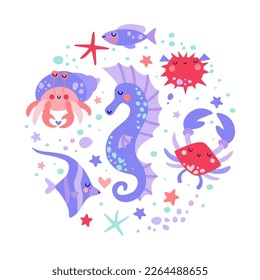Composition marine life  Seahorse  crab  hermit crab   fish in flat style 