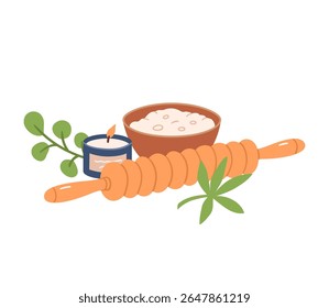 Composição de rolo de massagem, esfregaço de sal e vela de aromaterapia. Ilustração de vetor desenhada à mão para marca de bem-estar, embalagem de aromaterapia e design de menu de spa.