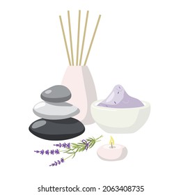 Composition with massage stones, candle, lavender plant, aroma diffuser, bowl full of bath salt In fashionable modern style in pastel tones. Relax concept for wellness, massage, spa center.